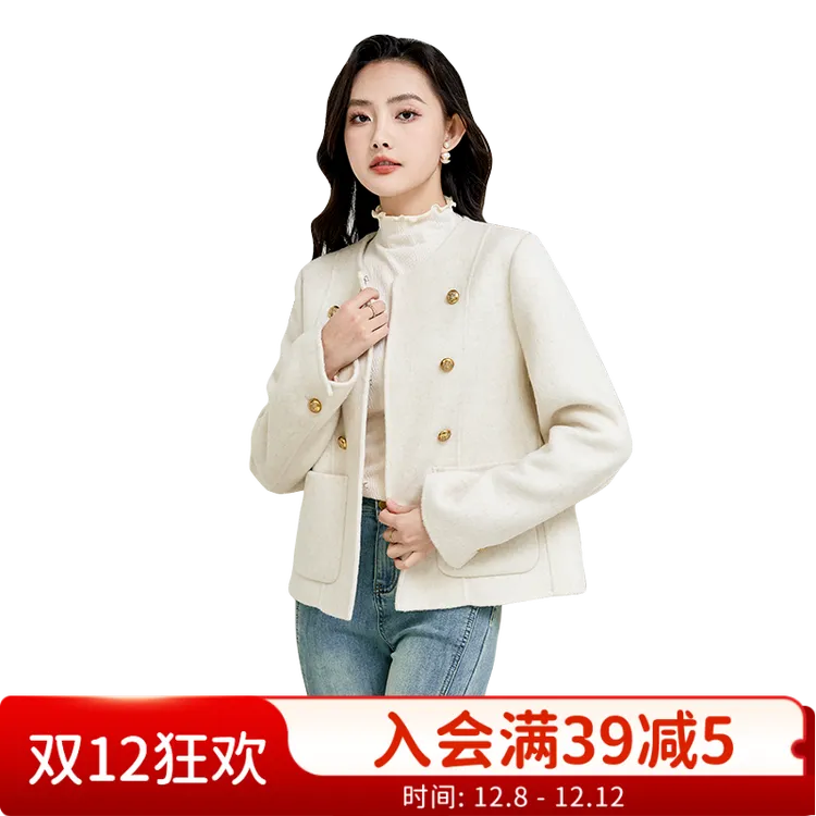 秋冬上衣小香风绵羊毛女短款呢法式上衣小个子双面呢外套
