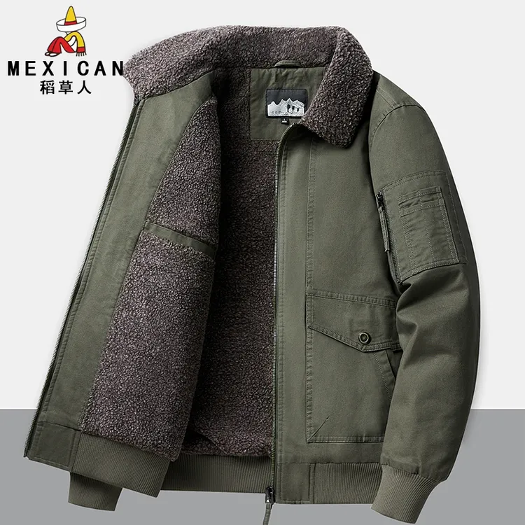稻草人秋冬季休闲男棉服大码加绒加厚户外棉袄翻领夹克上衣男外套