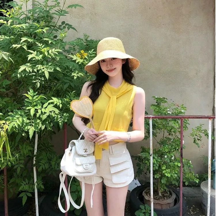 法式无袖上衣女夏季2025新款韩系设计感气质高腰显瘦短裤时尚套装