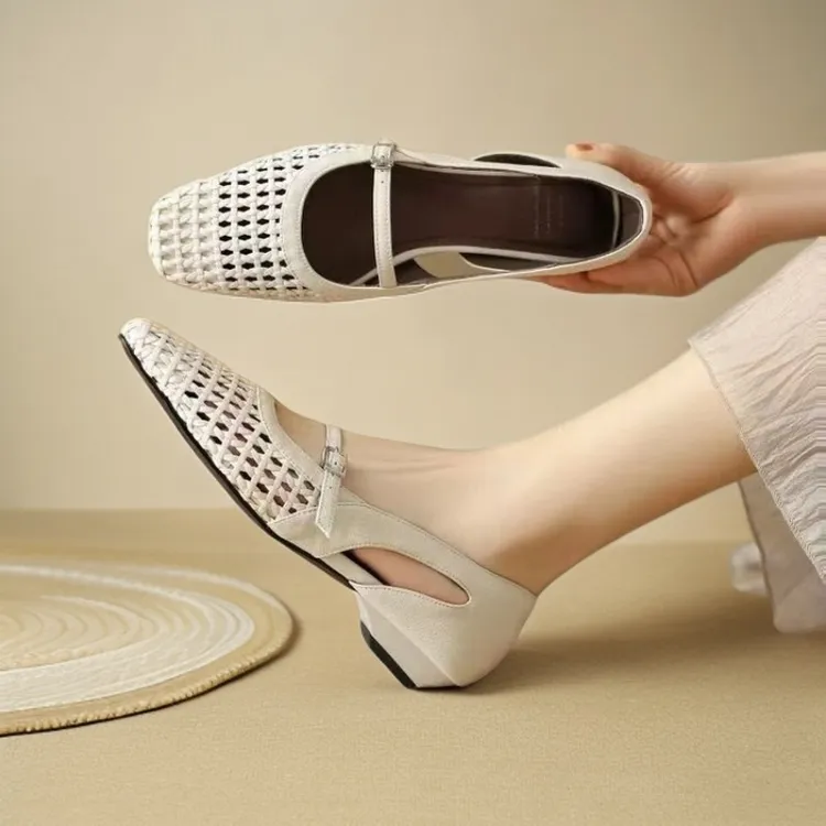 跟高2.5cm/2025新款夏季穿裙子专用低跟凉鞋镂空软面编织单鞋女