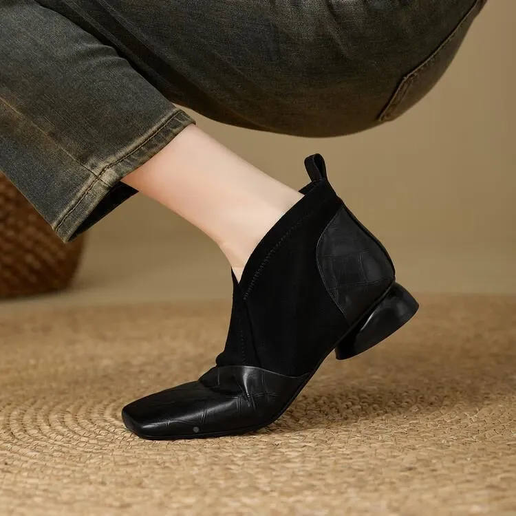 2025秋冬新款切尔西短靴拼接粗跟真皮单鞋软底软面低跟时装靴女