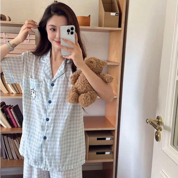 女款短袖卡通清新可爱风三件套家居服睡衣套装