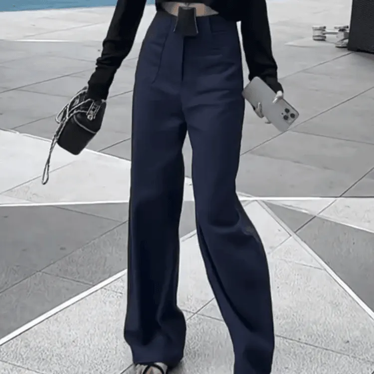 2025爆款2025夏高腰简约通勤阔腿裤女薄款直筒长裤耐磨口袋休闲裤
