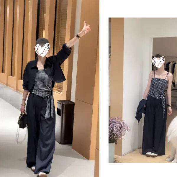 2025早秋新款法式设计感小众外套格子吊带高腰显瘦阔腿裤三件套女
