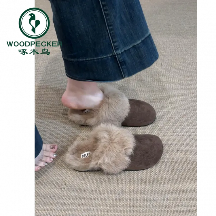 啄木鸟法式平底包头拖鞋女外穿秋冬季复古加绒保暖勃肯厚底毛毛鞋