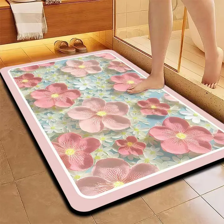 油画粉花大尺寸浴室大门口卫生间吸水垫卧室耐磨耐用硅藻泥底垫88