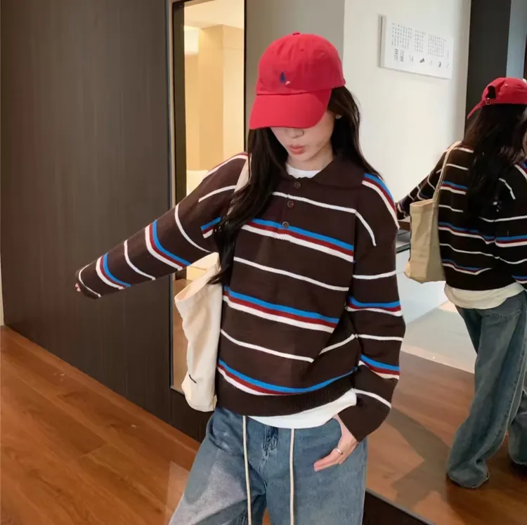 大码女装韩版复古POLO衫条纹长袖针织毛衣女秋冬胖mm休闲显瘦上衣