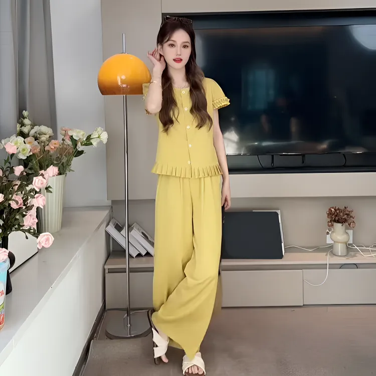 法式时尚套装女2025夏季新款洋气荷叶边衬衫上衣阔腿裤显瘦两件套