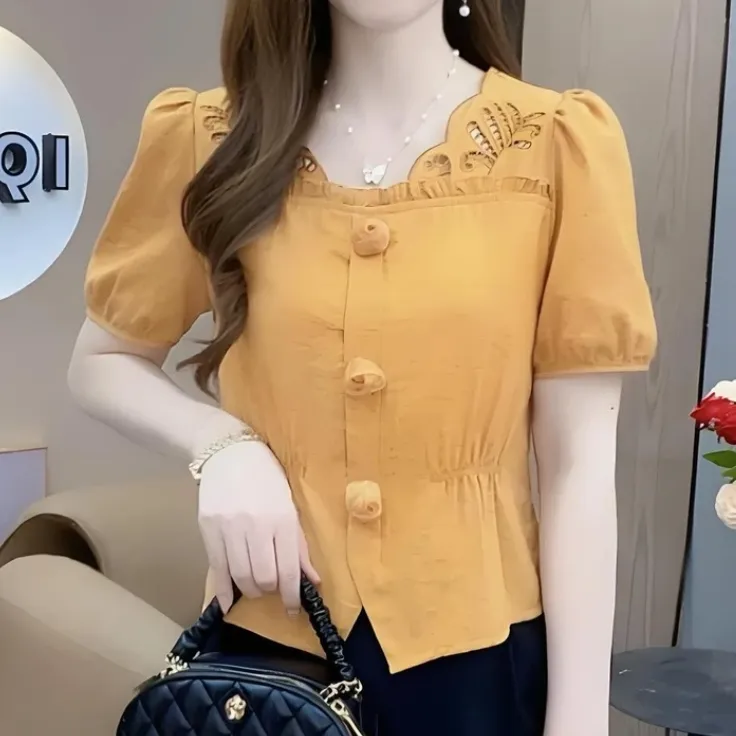2025夏季新款时尚法式收腰短袖衬衫女洋气显瘦遮肚子减龄百搭上衣