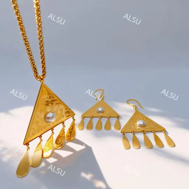 合金项链 ALSU原创经典民族风三角重工流苏项链耳环两件套复古