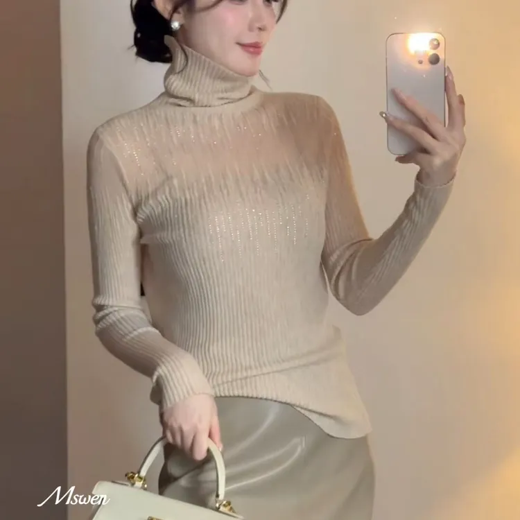 【WENZO】烫钻打底~冬季时尚百搭30羊毛网纱透视烫钻打底W241217