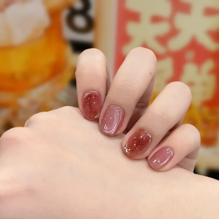【紫衫】手工穿戴甲拆卸短款冰透红棕渐变简约跳色新款美甲穿戴甲片