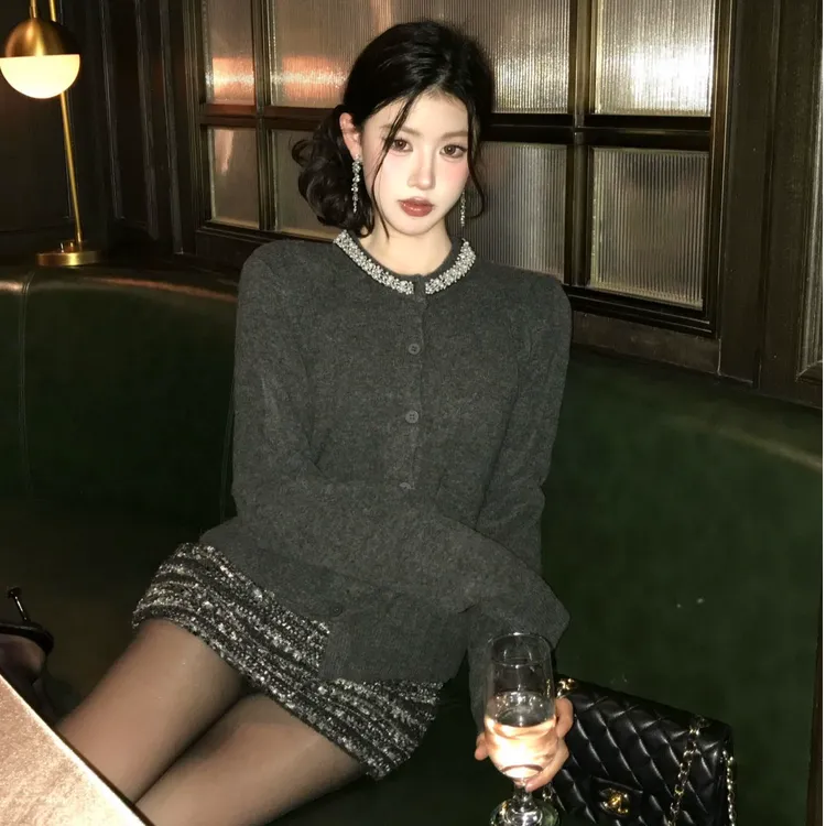 慵懒性感辣妹小香风气质打底轻熟时尚套装洋气休闲百搭开衫半裙女