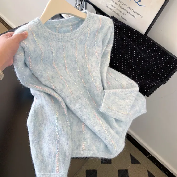 韩系软糯圆领蓝色针织毛衣女秋冬新款漂亮减龄内搭打底超好看上衣