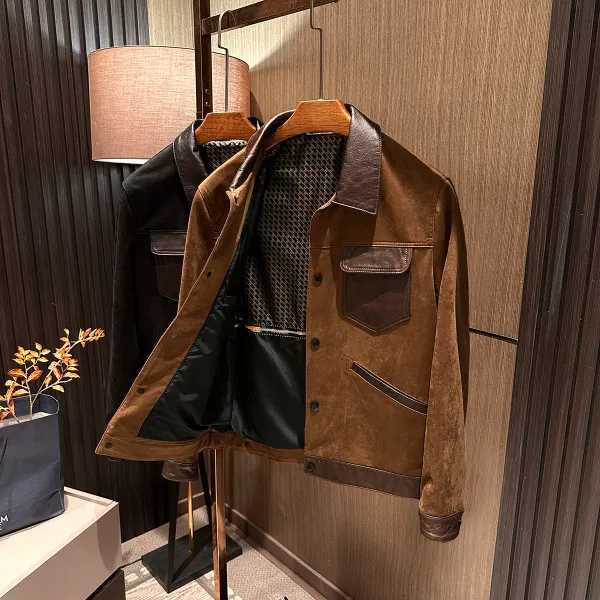 【雅痞欧美风 真皮拼接】秋装男士高品质麂皮绒多口袋翻领夹克外套