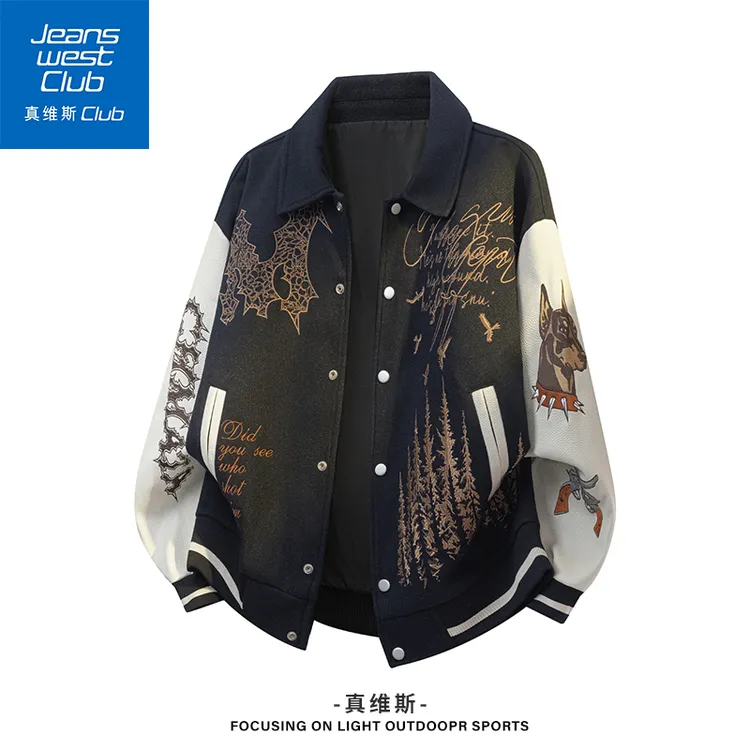 真维斯club秋季新款刺绣翻领棒球服夹克男美式复古潮流宽松外套男