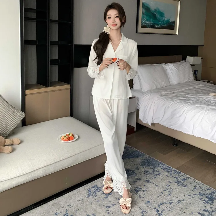 月光白女士冰丝两件套睡衣女款爆款2025新款蕾丝袖春季长袖家居服