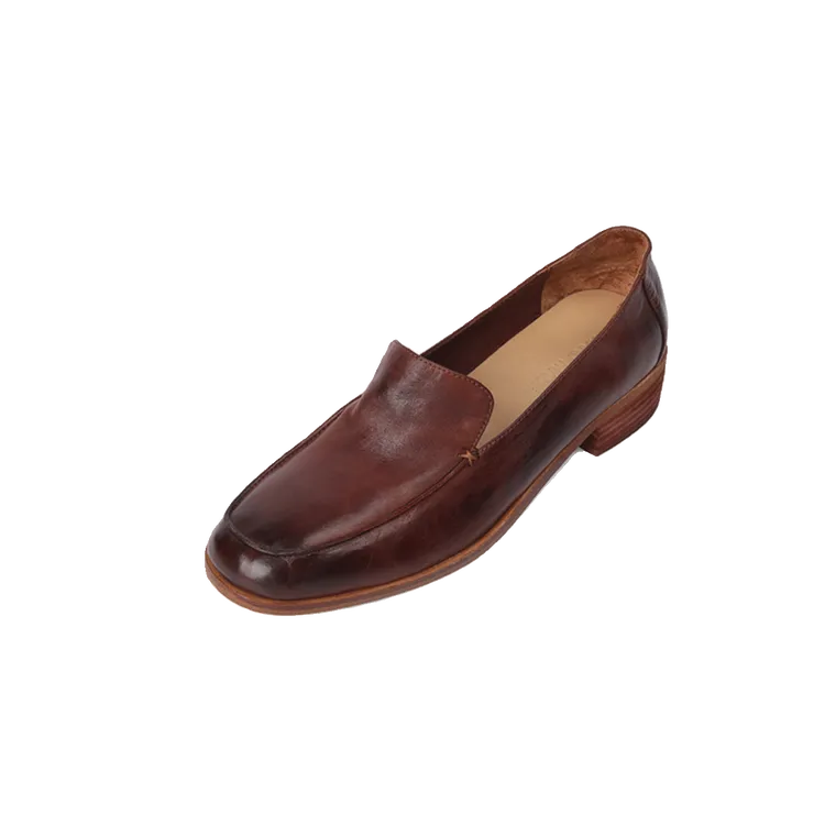 高档舒适轻奢水洗马皮方头粗跟乐福鞋欧美风复古做旧红色单鞋女潮