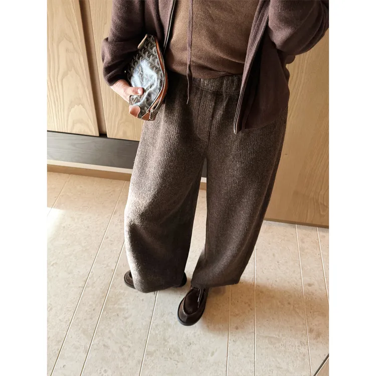 【唐悠悠mgdm】绵羊毛花纱弯刀裤宽松休闲裤女秋冬百搭显瘦针织裤