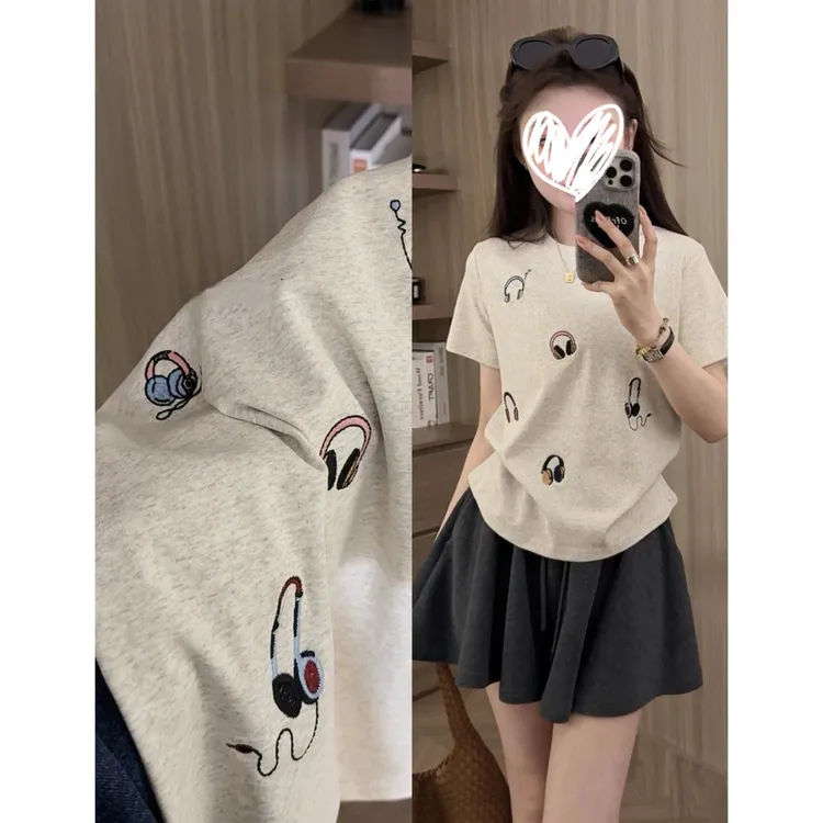 【戴耳机】版型很好的设计感百搭显瘦刺绣耳机图案正肩T恤短袖9178