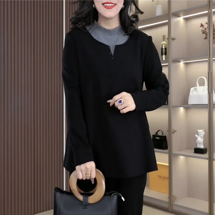 丹思慕大码女装秋季新款简约黑灰拼接百搭时尚上衣YT251287 