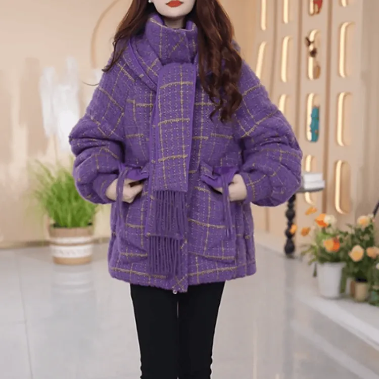 C045【羽绒服】2025冬季新款时尚气质保暖加厚围巾连帽格子羽绒服