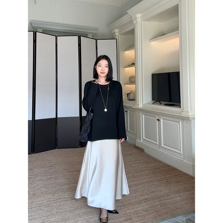 郭九九呢 羊毛简约百搭宽松显瘦针织衫斜裁缎面半身裙 G925A13944