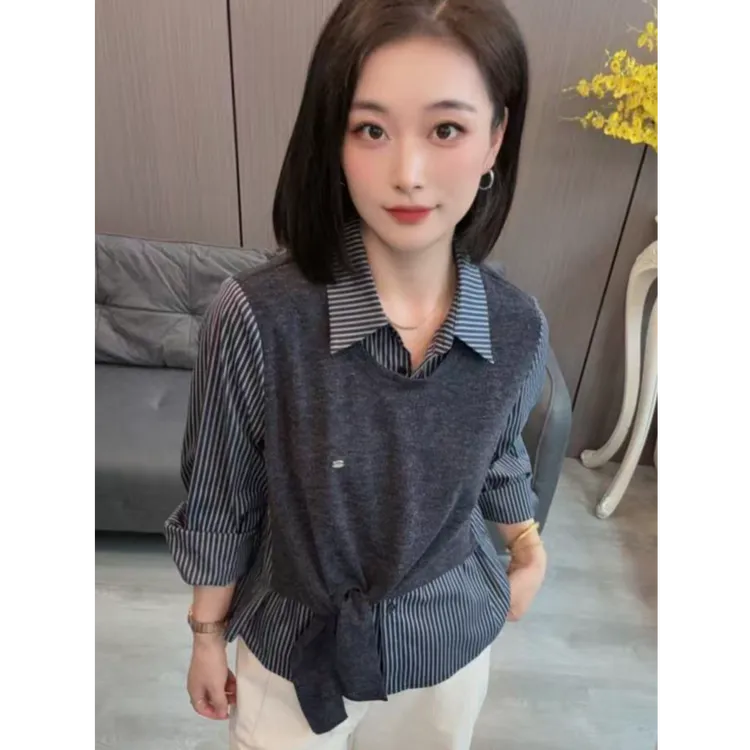 【海片】959女士休闲时尚秋款假两件衬衫显瘦百搭条纹拼接韩版衬衣