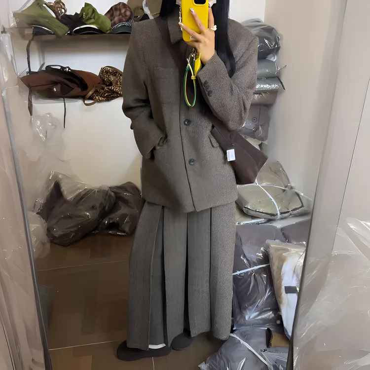 复古毛呢西装套装女冬季美拉德棕色高级感西服外套半身长裙两件套