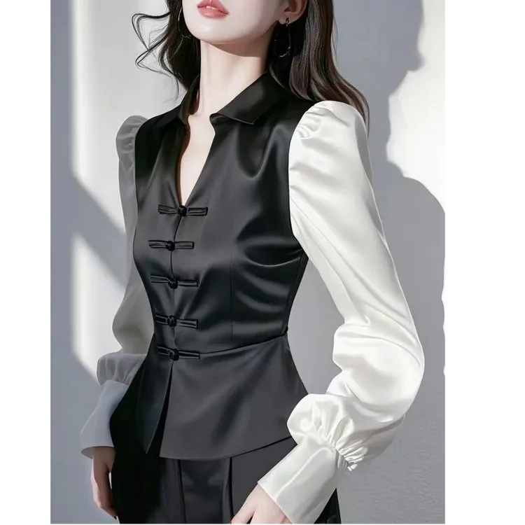 新中式洋气国风上衣女2025春季高级感衬衣气质收腰黑色拼接衬衫