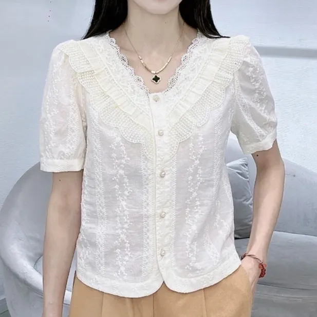 2025夏季新款女装荷叶边V领高品质蕾丝刺绣短袖衬衫气质洋气显瘦