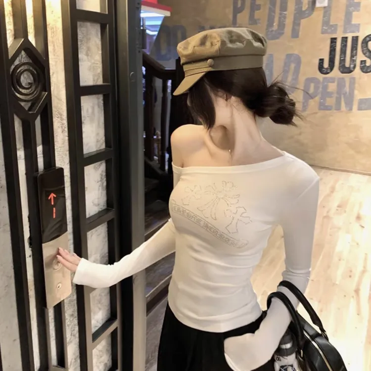 斜肩T恤打底衫ins基础大众烫钻上衣长袖短款高腰通用