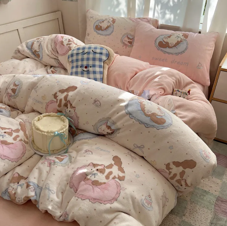 猫咪日记卡通ins小清新牛奶绒印花保暖四件套被套宿舍三件套床品