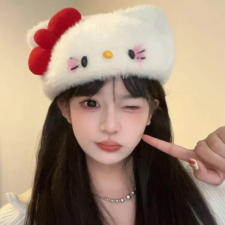 日系软妹蝴蝶结毛绒帽子女可爱甜美秋冬保暖贝雷帽显脸小画家帽