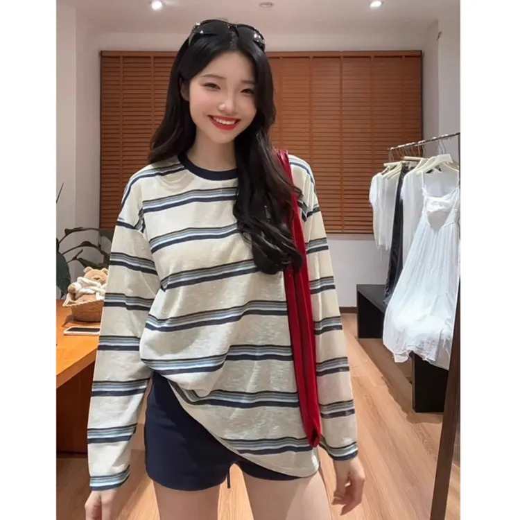 韩版复古条纹撞色薄款休闲圆领长袖T恤女宽松慵懒防晒衫上衣夏季