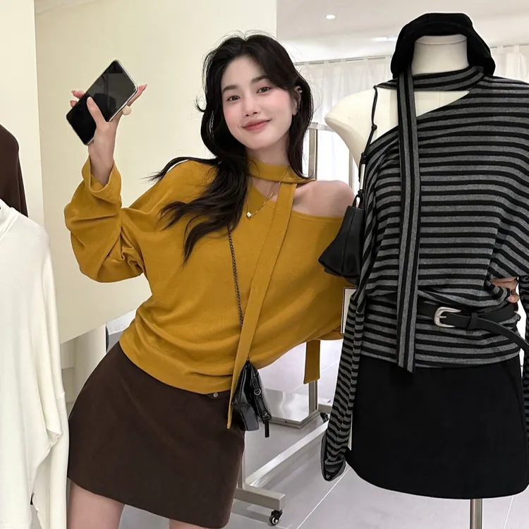 韩系简约别致宽松条纹飘带长袖T恤女秋冬设计感小众显瘦斜肩上衣N