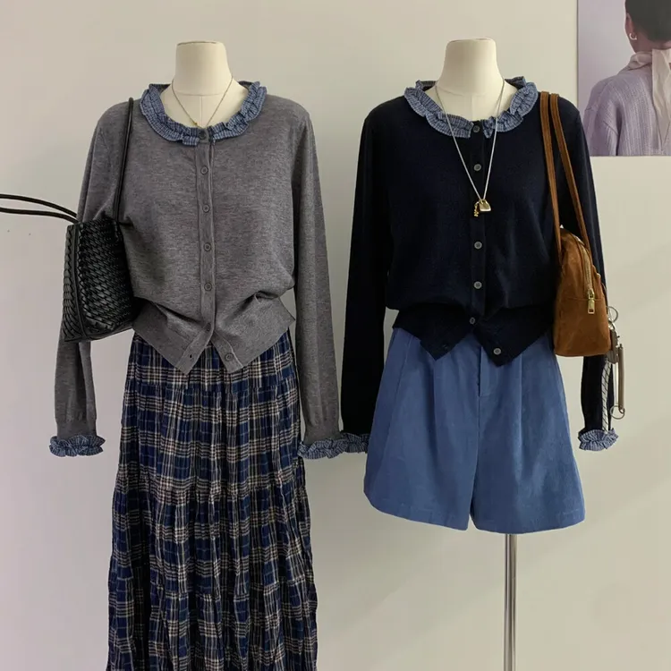 韩系百搭重工拼接木耳领针织开衫女秋季新款宽松长袖上衣潮I4-96