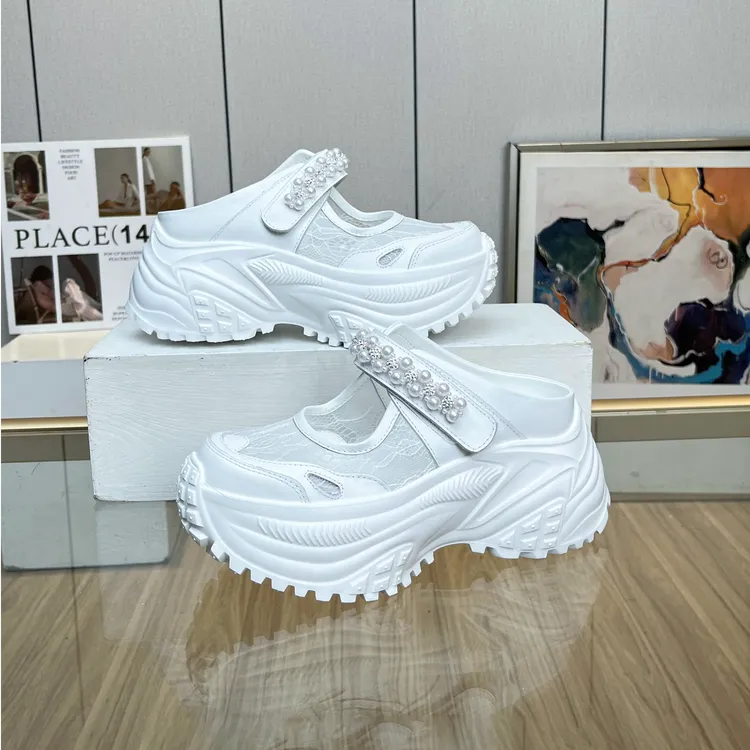 PrincessRoche【设计师款】仙女风珍珠凉拖鞋9CM真皮魔术贴包头拖鞋