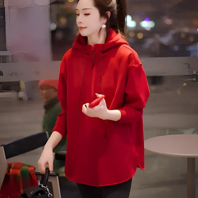 2025新年新款中长款显瘦打底上衣欧韩时尚半拉链加绒连帽卫衣女