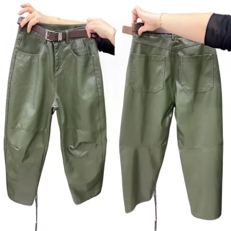 2025秋冬季新款纯色皮裤时尚百搭沙洗皮宽松哈伦女裤九分弯刀皮裤