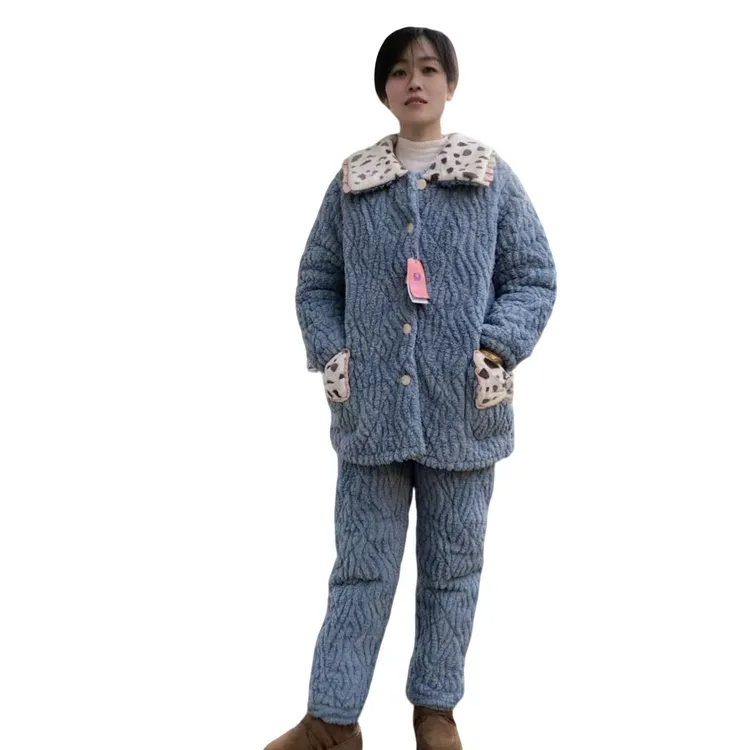 冬季加厚夹棉蓝色蝴蝶结休闲可外穿女士家居服