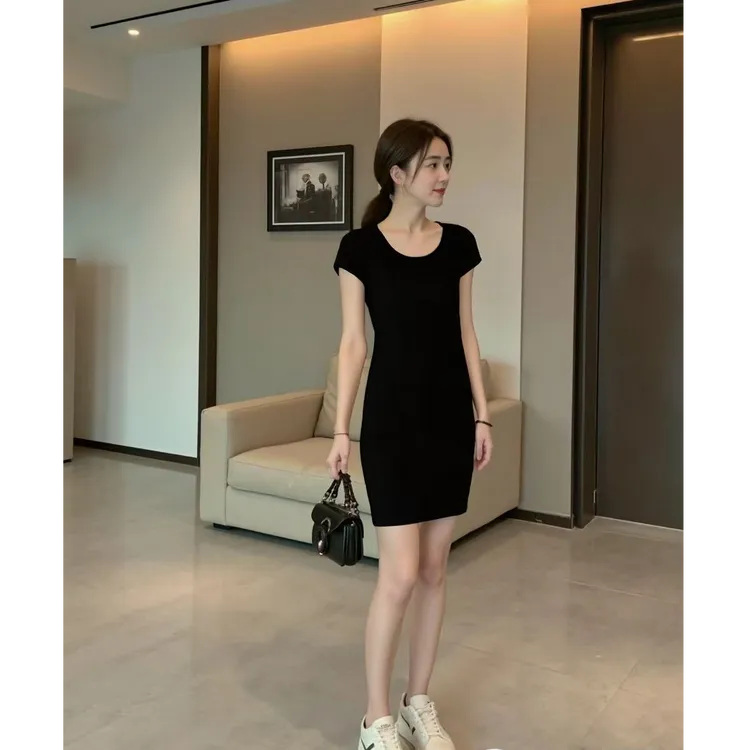 UAIF5C80#夏季中长纯色气质女士舒适简约百搭圆领套头连衣裙