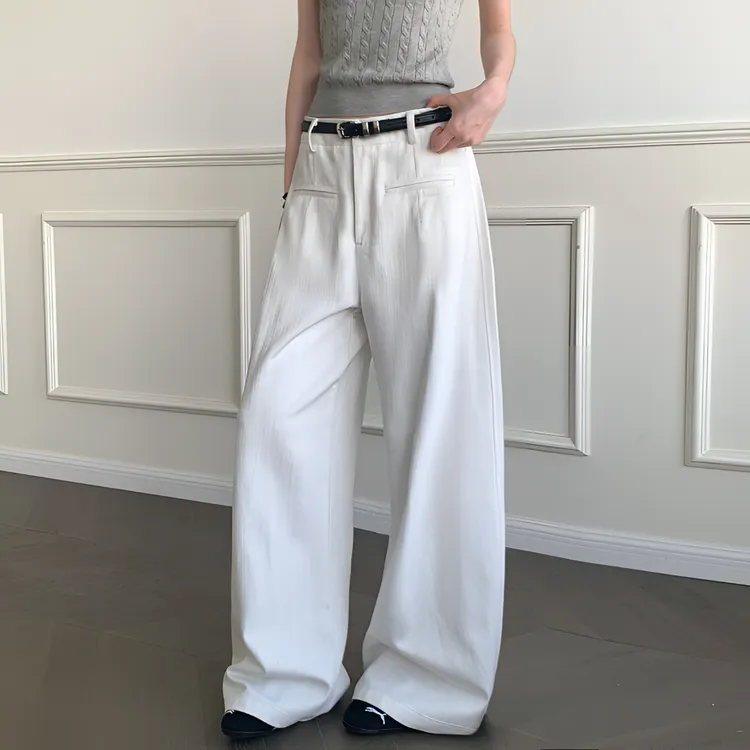 INZYIFUIEE分割口袋休闲裤女夏季显瘦竹节纹理设计宽松垂感裤子