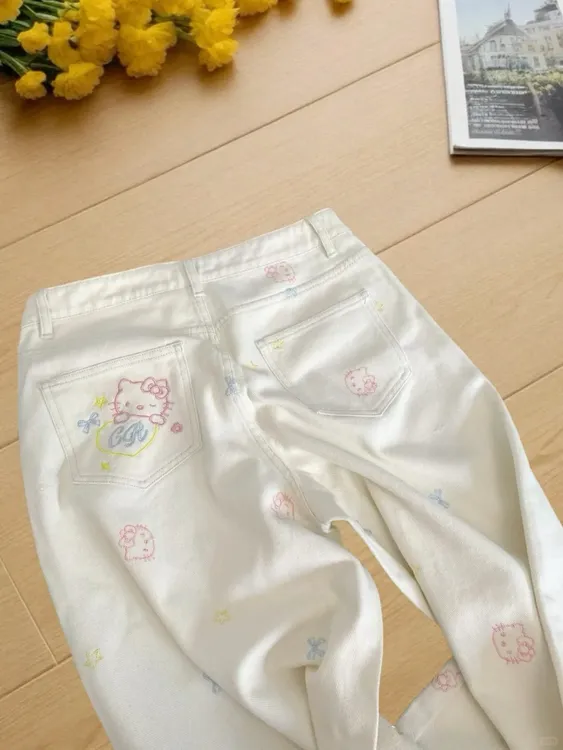 韩系kitty猫刺绣蝴蝶结牛仔裤女夏季设计感甜酷直筒拖地阔腿裤子