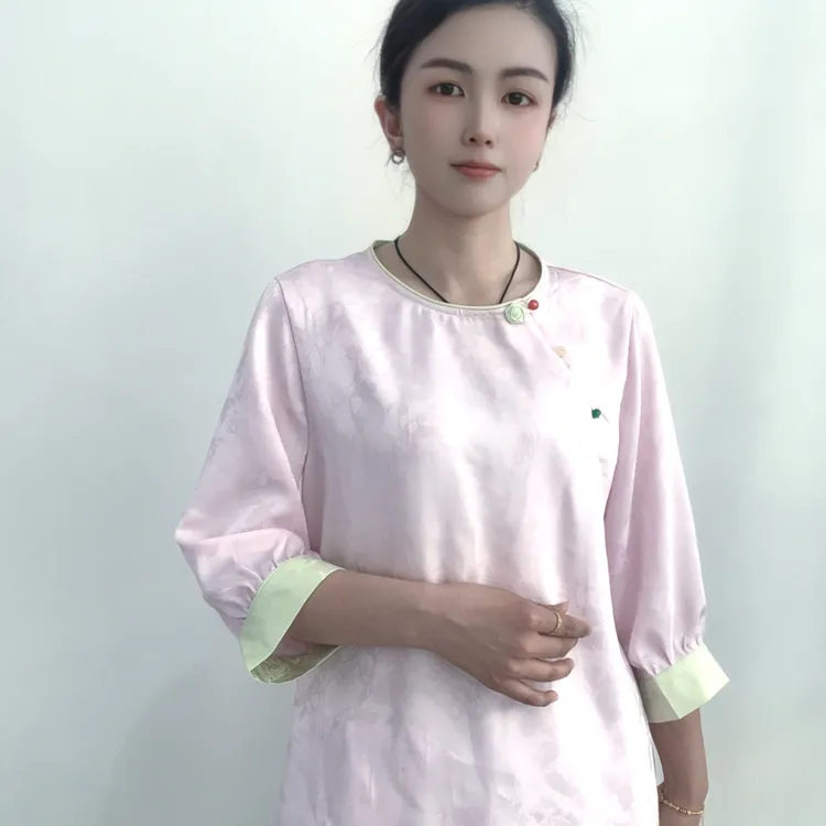 休闲风提花中国风女夏新款时尚唐装斜襟显瘦新中式七分袖气质小衫