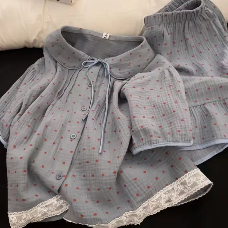 睡衣夏季短袖短裤2025新款韩版甜美蕾丝日系可爱公主领家居服套装