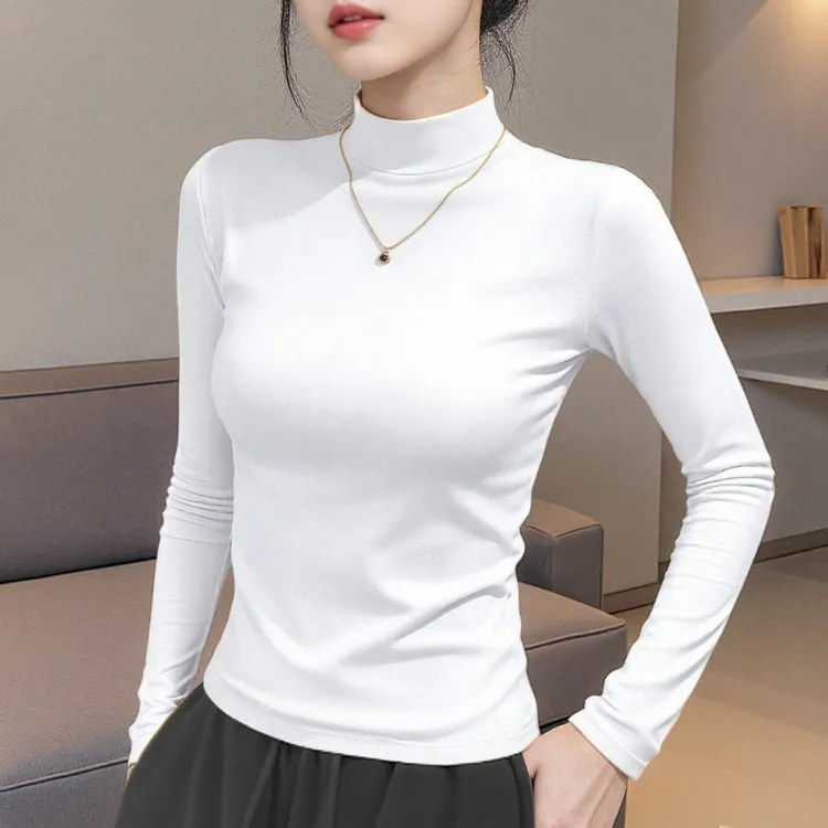 白色半高领打底衫女长袖修身显瘦内搭2025秋冬新款洋气减龄上衣服