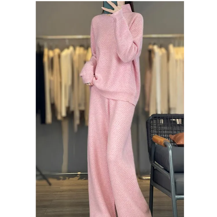 秋冬高领加厚蜂窝针套装 100纯羊毛针织衫+阔腿裤两件套 时尚百搭