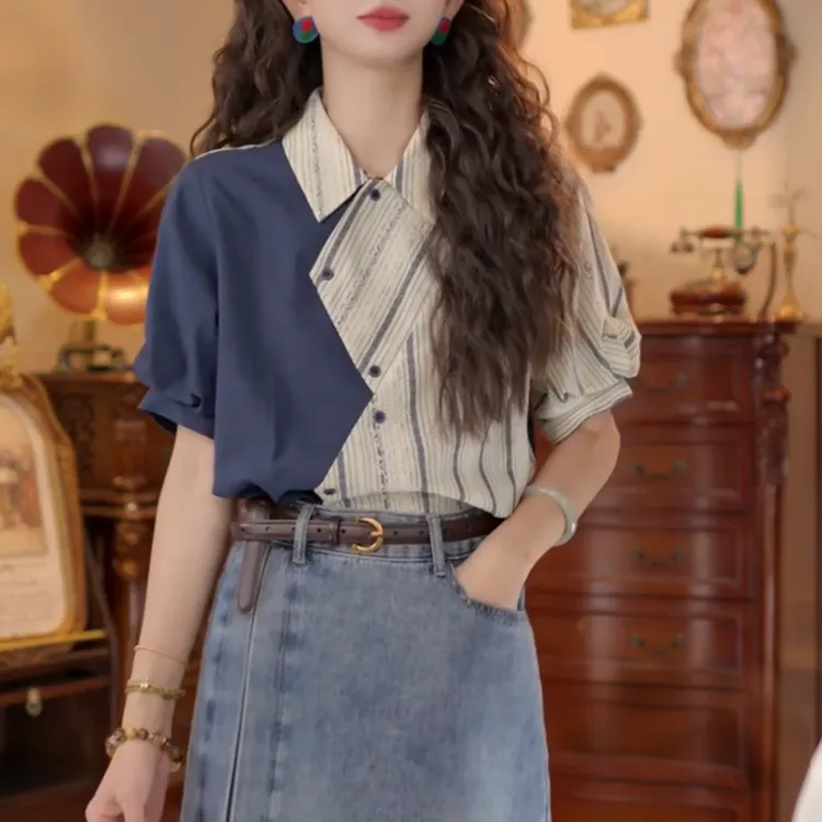 【苍蓝映雪】复古港风条纹夏季衬衫时尚撞色百搭宽松上衣LK2504693