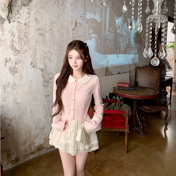 奶油小香 韩系甜美少女2025早秋小香娃娃领针织上衣显瘦短裙套装